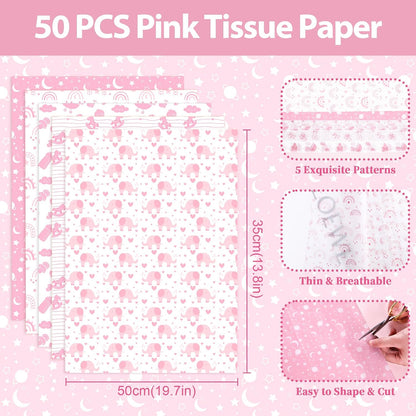 Larcenciel Tissue Paper, 50 Sheets Elephant Pink Tissue Paper for Gift Bags Gift Wrapping, Cute Baby Girl Design Art Gift Wrap for Baby Shower, Birthday, Anniversary, Craft, 19.7x13.8inch
