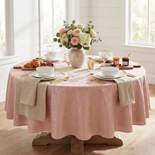 Horaldaily Pink Tablecloth 60x60 Inch Round, Solid Round Table Cloth with Golden Sequin, Thanksgiving Christmas Table Cover for Wedding, Party, Banquet, and Events