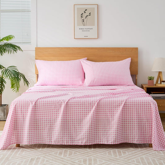 Pink Gingham Twin Sheet Set, 3-Piece Soft Brushed Microfiber Bed Sheets - 16" Deep Pocket Fitted Sheet, Wrinkle & Fade Resistant, Hotel Luxury Bedding