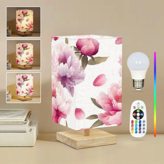 Square Table Lamp for Bedroom Soft Pastel Peony Floral Light Pink Purple Flowers Beside Lamps Desk lamp with Wood Base Nightstand Lamps for Nursery Living Room Home Decor