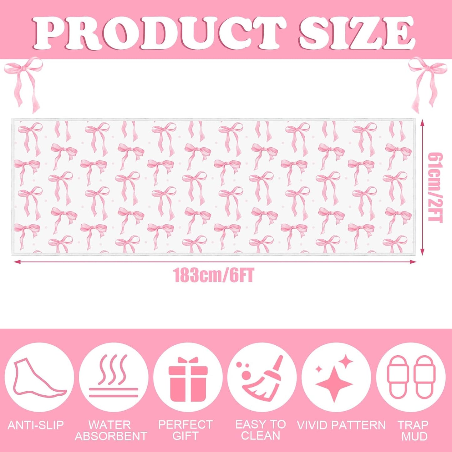 Drydiet Coquette Pink Bow Runner Rug 2 x 6 ft Large Pink Bow Soft Washable Rug with Non Slip, Low Pile Stain Resistance Carpet for Entryway Hallway Kitchen Laundry Living Room
