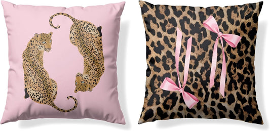 Trendy Funky Pink Cheetah Coquette Bow Lip Pillow Covers 18x18 Set of 2,Cheetah Leopard Lover Gifts for Women,Coquette Preppy Pillow Covers for Girls Room Dorm Apartment Decor