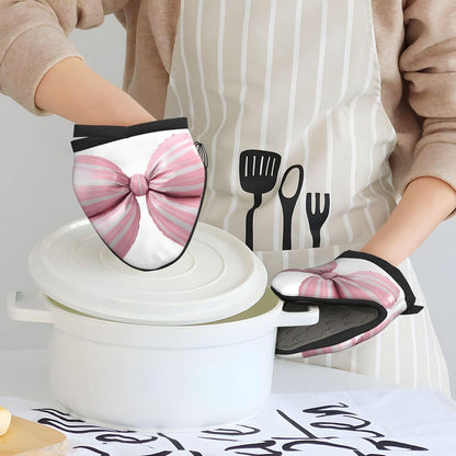Light Pink Bow Balloon Candy Stripe Pattern Mini Silicone Oven Mitts Heat and Slip Resistant Kitchen Mittens,Short Oven Gloves for Safe Cooking Baking & Grill,5.9"X5.9"