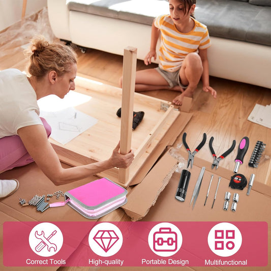 23Pcs Household Repair Tool Kit Multifunctional Pink Home Hand Set with Storage Bag Portable Women Combination with for DIY (Pink)