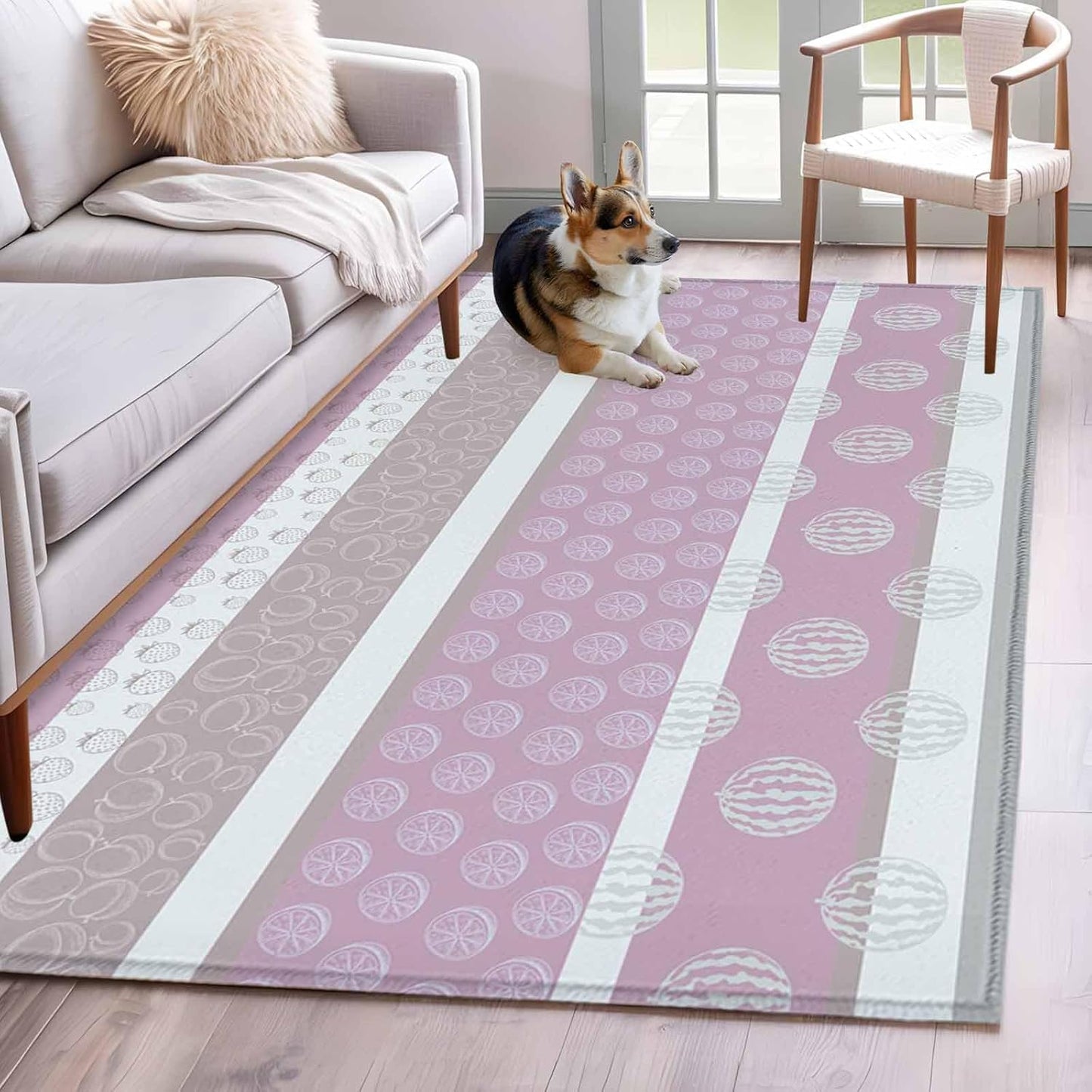 Area Rug 3'x5', Farm Fruits Non-Slip Runner Rug Carpet for Bedside, Watermelon Lemons Peach Pink Grey Striped Washable Outdoor Indoor Area Rugs Mat for Entryway/Living Room/Bedroom/Kitchen/Office
