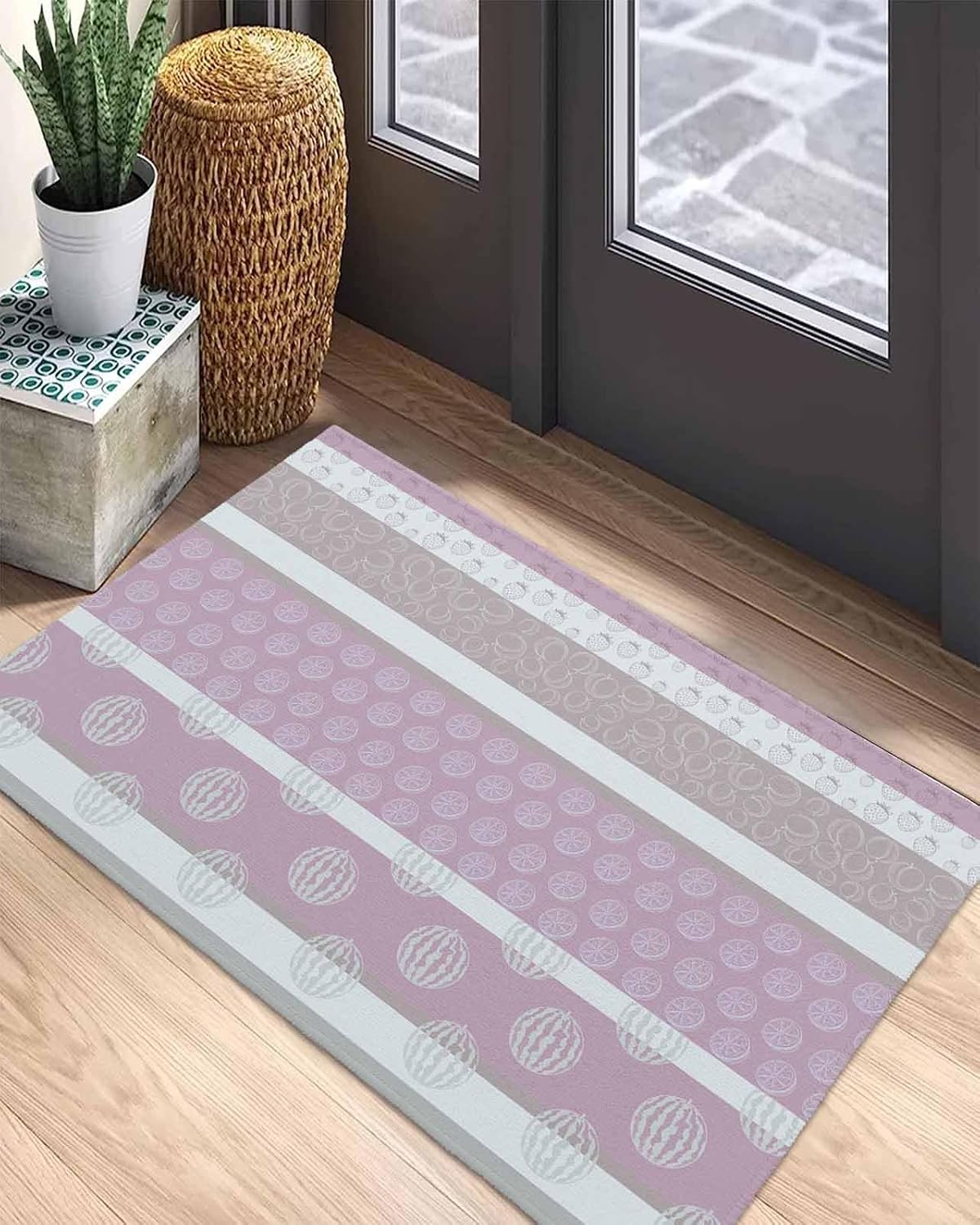 Farm Fruits Door Mat Indoor/Outdoor Entrance, Non Slip Welcome Floor Mats, Watermelon Lemons Peach Pink Grey Striped Absorbent Rug Shoes Scraper Low Profile Front Door Mat for Patio Porch 18"x30"