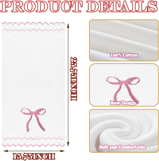 2 Pcs Coquette Bow Hand Towels 15.75 x 27.56 Inch Scalloped Embroidered Dish Towel 100% Cotton Cute Preppy Decorative Bath Hand Towel for Kitchen Bathroom (Pink)