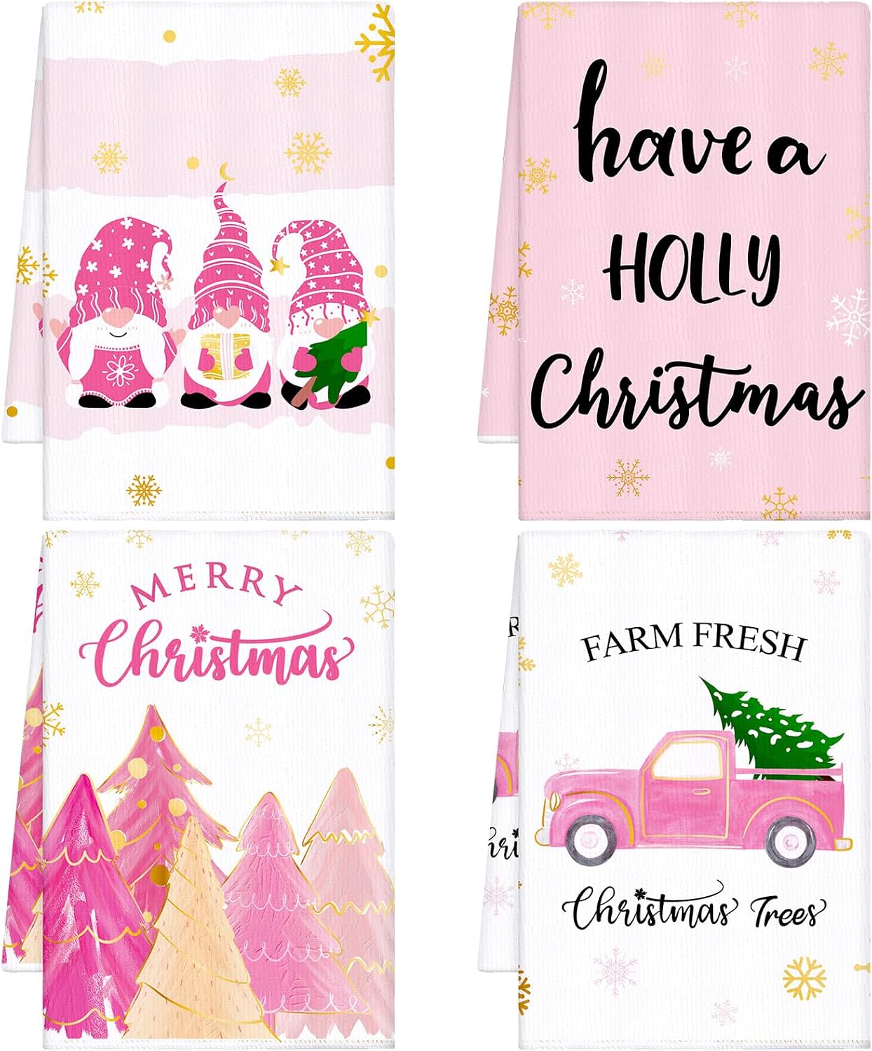 Sratte 4 Pcs Pink Christmas Kitchen Towels 16 x 24 Inch Merry Christmas Hand Towels Tree Gnome Truck Dish Cloths Absorbent Xmas Tea Dishcloths for Home Bathroom Xmas Kitchen Decor