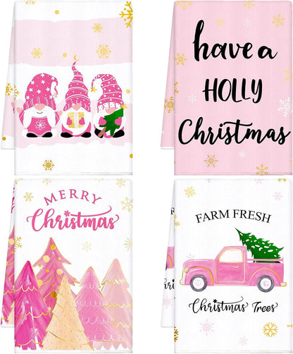 Sratte 4 Pcs Pink Christmas Kitchen Towels 16 x 24 Inch Merry Christmas Hand Towels Tree Gnome Truck Dish Cloths Absorbent Xmas Tea Dishcloths for Home Bathroom Xmas Kitchen Decor