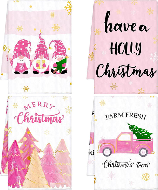 Sratte 4 Pcs Pink Christmas Kitchen Towels 16 x 24 Inch Merry Christmas Hand Towels Tree Gnome Truck Dish Cloths Absorbent Xmas Tea Dishcloths for Home Bathroom Xmas Kitchen Decor