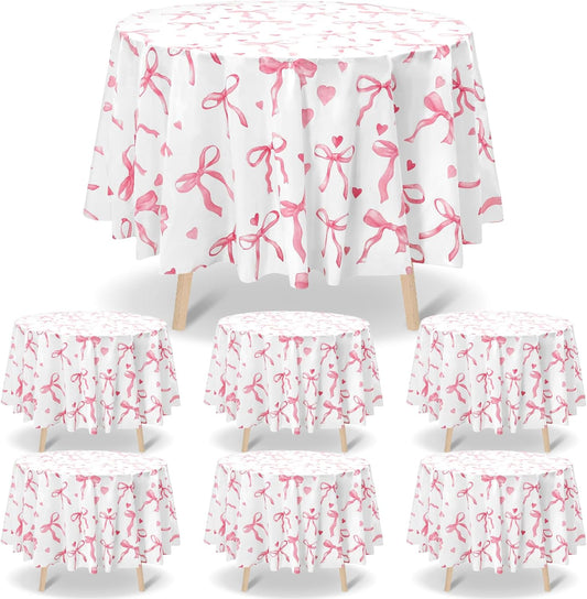Ganeen 6 Pcs Pink Bow Tablecloths 84 Inch Plastic Round Table Covers Waterproof Coquette Birthday Party Decorations Pink Bow Favors Table Covers for Women Bridal Baby Shower Bachelorette Party Decor