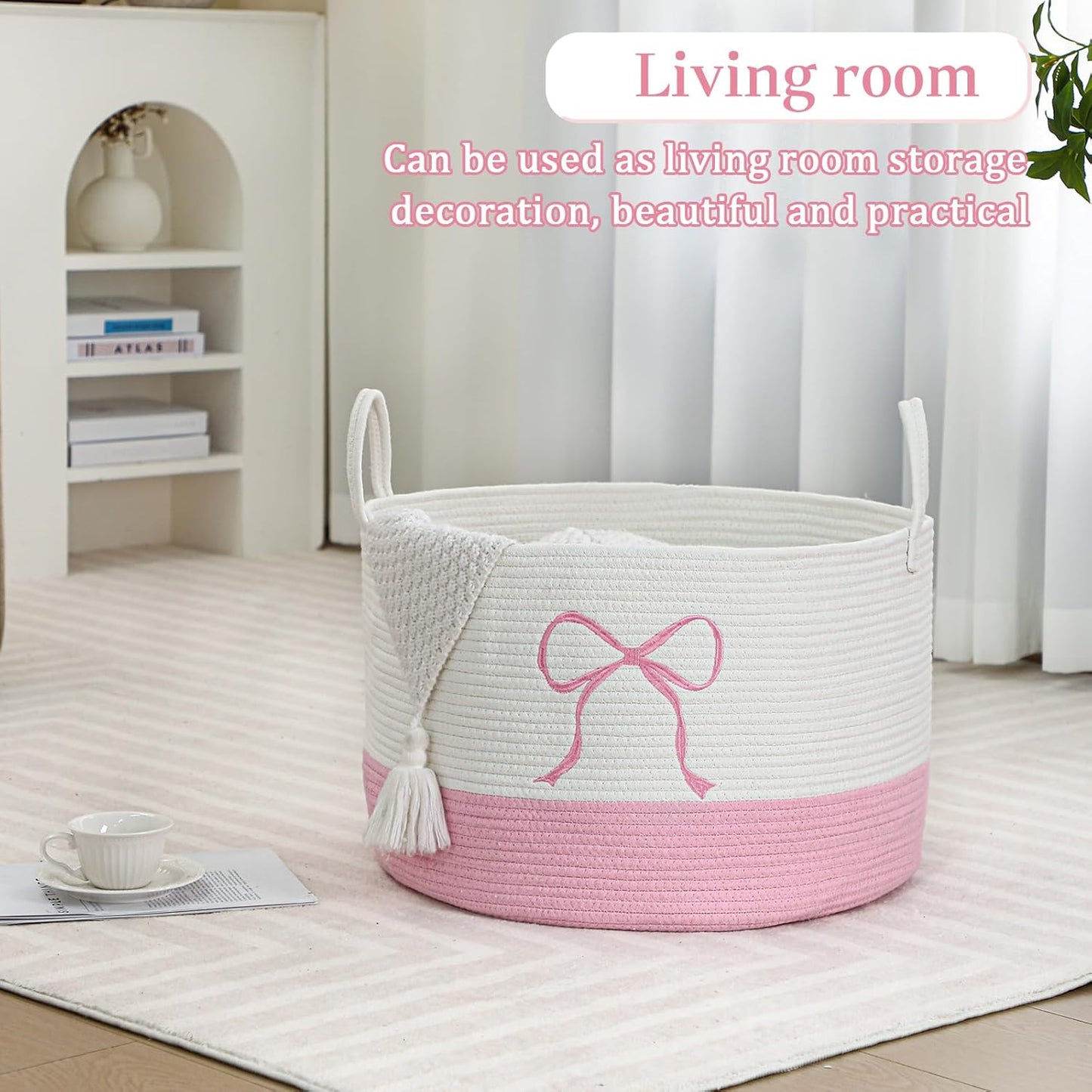 Honeydak Large Pink Laundry Basket Bow Hamper Cotton Rope Pink Laundry Hamper 13 x 20 Inch Toy Box Coquette Bow Girly Nursery Basket Storage for Bedroom Bathroom Blanket Clothes Organization