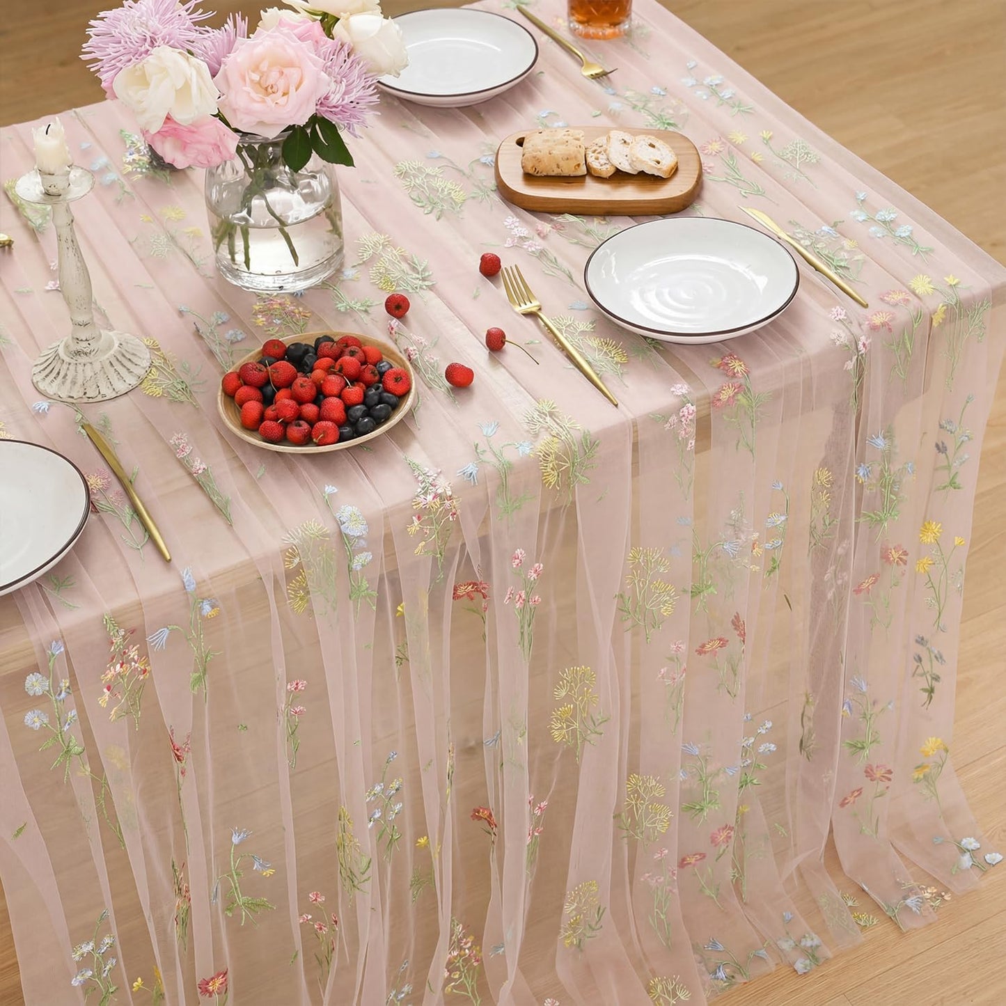 Horaldaily Embroidery Flower Plant Pink Gauze Tablecloth 60×84 Inch Rectangular, Spring Summer Tulle Table Cover, Garden Party Decorations for DIY, Wedding, Party, Holiday Dining Decor