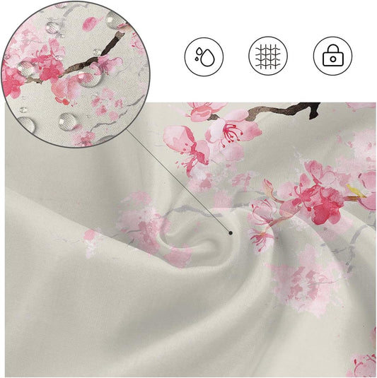 Pink Cherry Blossom Shower Curtain 60''W x 72''L Beige Cream Pale Blush Floral Flower Japanese Asian Anime Art Spring Cute Vintage Funny Boho Plant Style Polyester Fabric 12 Pack Plastic Hooks