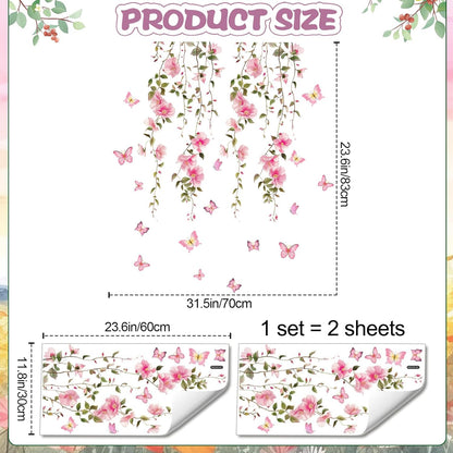 2 Sheets Removable Hanging Pink Vine Flowers Wall Decal Green Leaves Wall Decal DIY Pink Butterfly Stickers Self-Adhesive Art Decor for Girls Room Living Room Bedroom TV Backdrop Decor