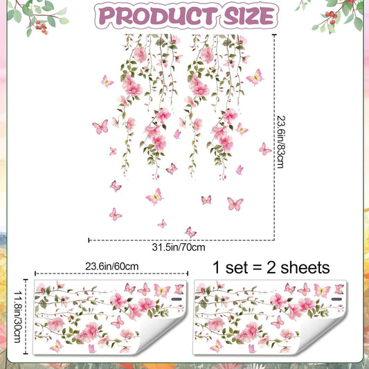 2 Sheets Removable Hanging Pink Vine Flowers Wall Decal Green Leaves Wall Decal DIY Pink Butterfly Stickers Self-Adhesive Art Decor for Girls Room Living Room Bedroom TV Backdrop Decor