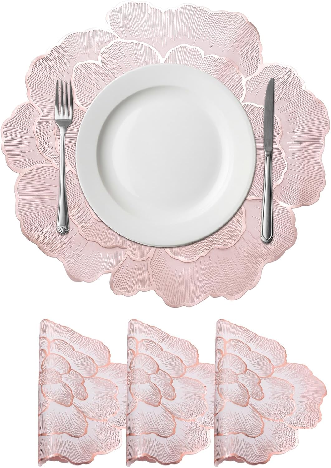 uxcell White Pink Floral Rose Round Placemats Set of 4 for Dinner Tables, Metallic Polyvinyl Pressed Placemats Washable Table Mats for Dinner Table Decor (15" x 15"/38 x 38cm)