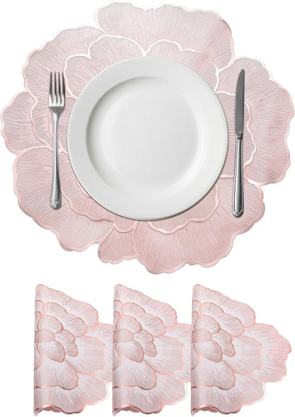 uxcell White Pink Floral Rose Round Placemats Set of 4 for Dinner Tables, Metallic Polyvinyl Pressed Placemats Washable Table Mats for Dinner Table Decor (15" x 15"/38 x 38cm)