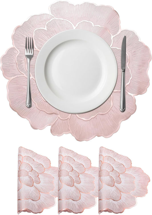 uxcell White Pink Floral Rose Round Placemats Set of 4 for Dinner Tables, Metallic Polyvinyl Pressed Placemats Washable Table Mats for Dinner Table Decor (15" x 15"/38 x 38cm)