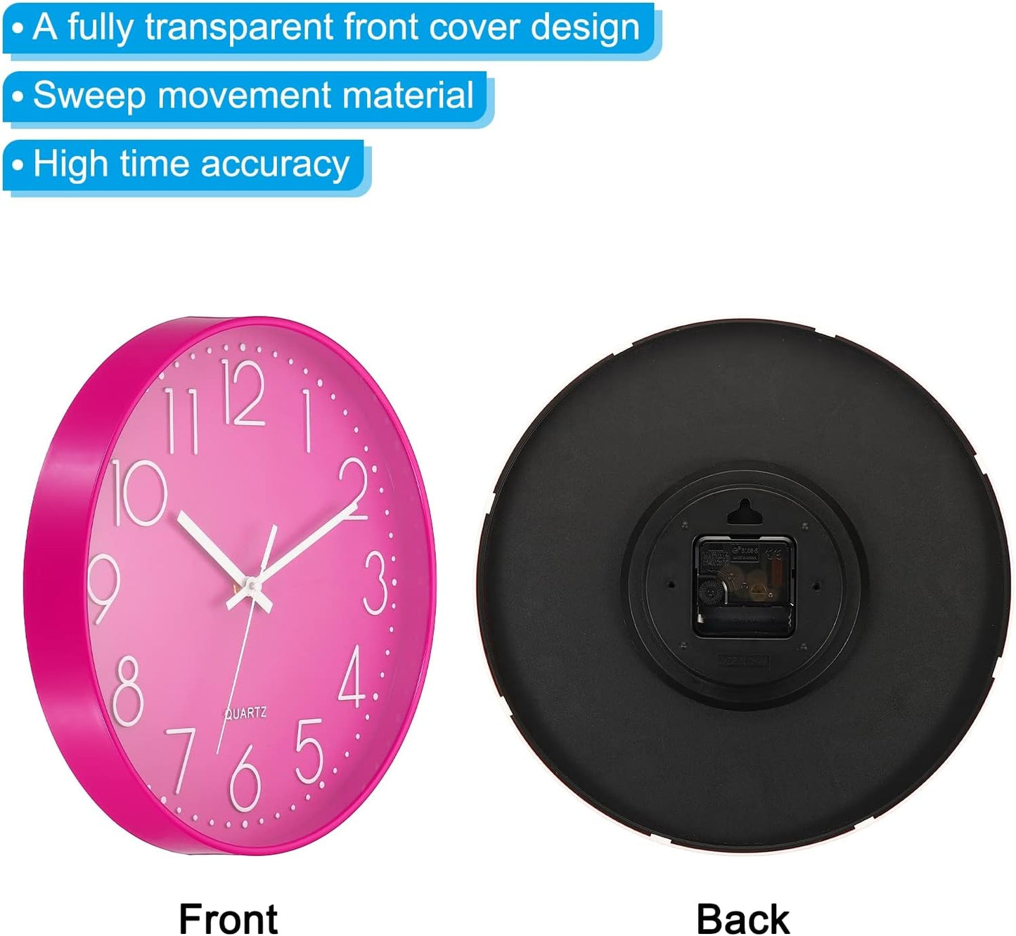 PATIKIL 12 Inch Wall Clock, Battery Operated Silent Non-Ticking Round Wall Clocks for Office Bedroom Decorative, Pink
