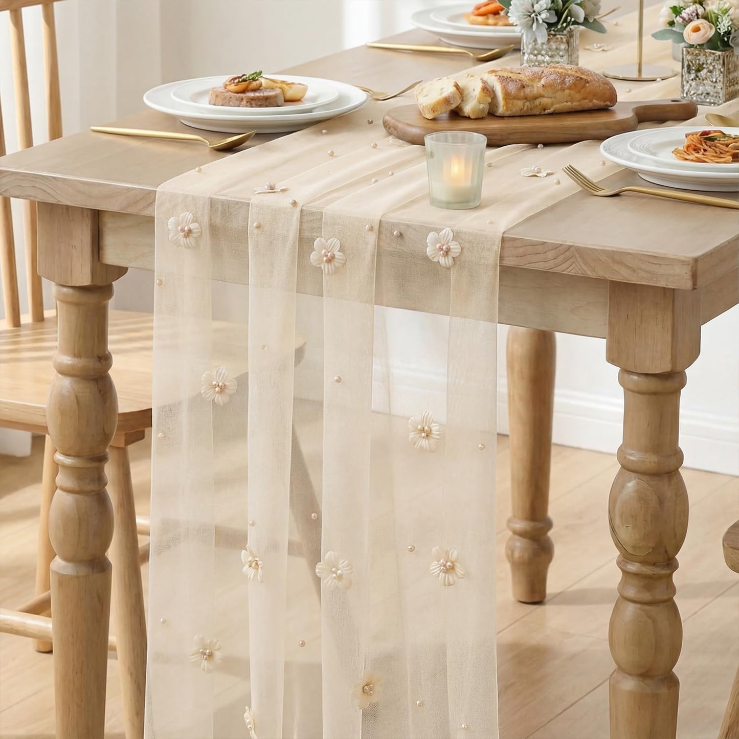 Artoid Mode Flower Pearl Peach Gauze Table Runner 10FT, Seasonal Sheer Dining Holiday Wedding Birthday Baby Shower Table Decor for Home Party