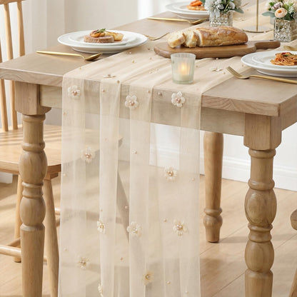 Artoid Mode Flower Pearl Peach Gauze Table Runner 10FT, Seasonal Sheer Dining Holiday Wedding Birthday Baby Shower Table Decor for Home Party