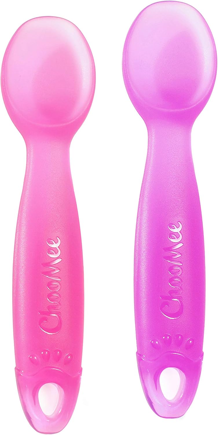 ChooMee Silicone Baby Spoons | 4 Months +, First Stage Baby Led Weaning and Self Feeding | Soft Spoon with Firm Handle | Designed in USA, BPA Free, Premium grade Platinum Silicone | 2 CT