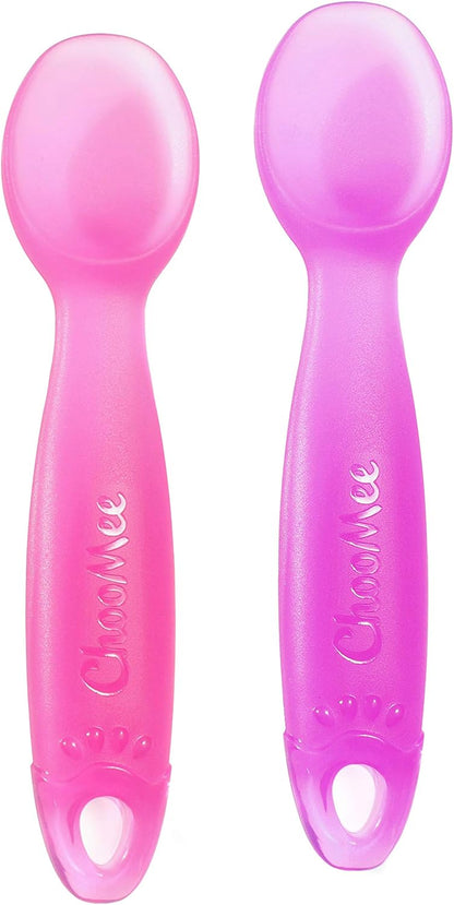 ChooMee Silicone Baby Spoons | 4 Months +, First Stage Baby Led Weaning and Self Feeding | Soft Spoon with Firm Handle | Designed in USA, BPA Free, Premium grade Platinum Silicone | 2 CT