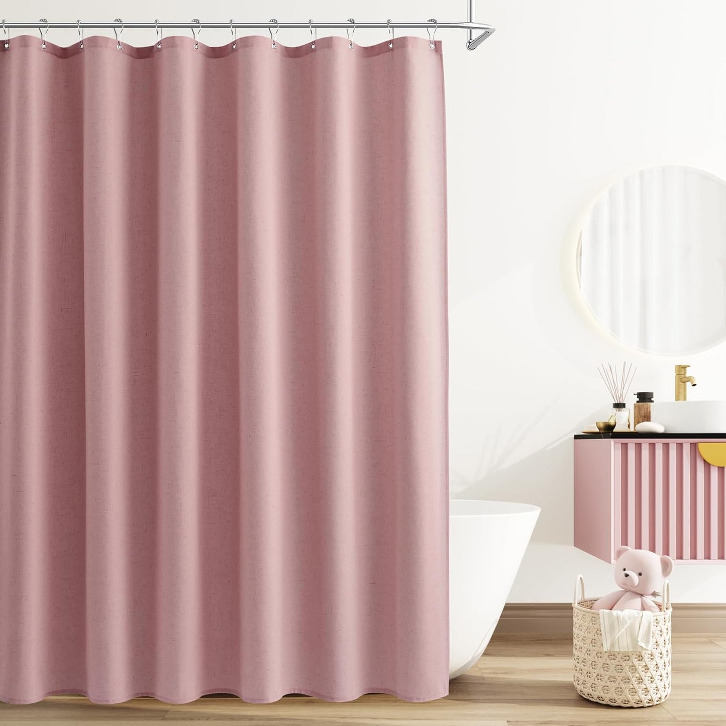 Naturoom Pink Linen Shower Curtain, Country Boho Farmhouse Bath Decor Shower Curtains Neutral Cloth Weighted Textured Fabric Bath Curtain Liner with Hooks, 72x72