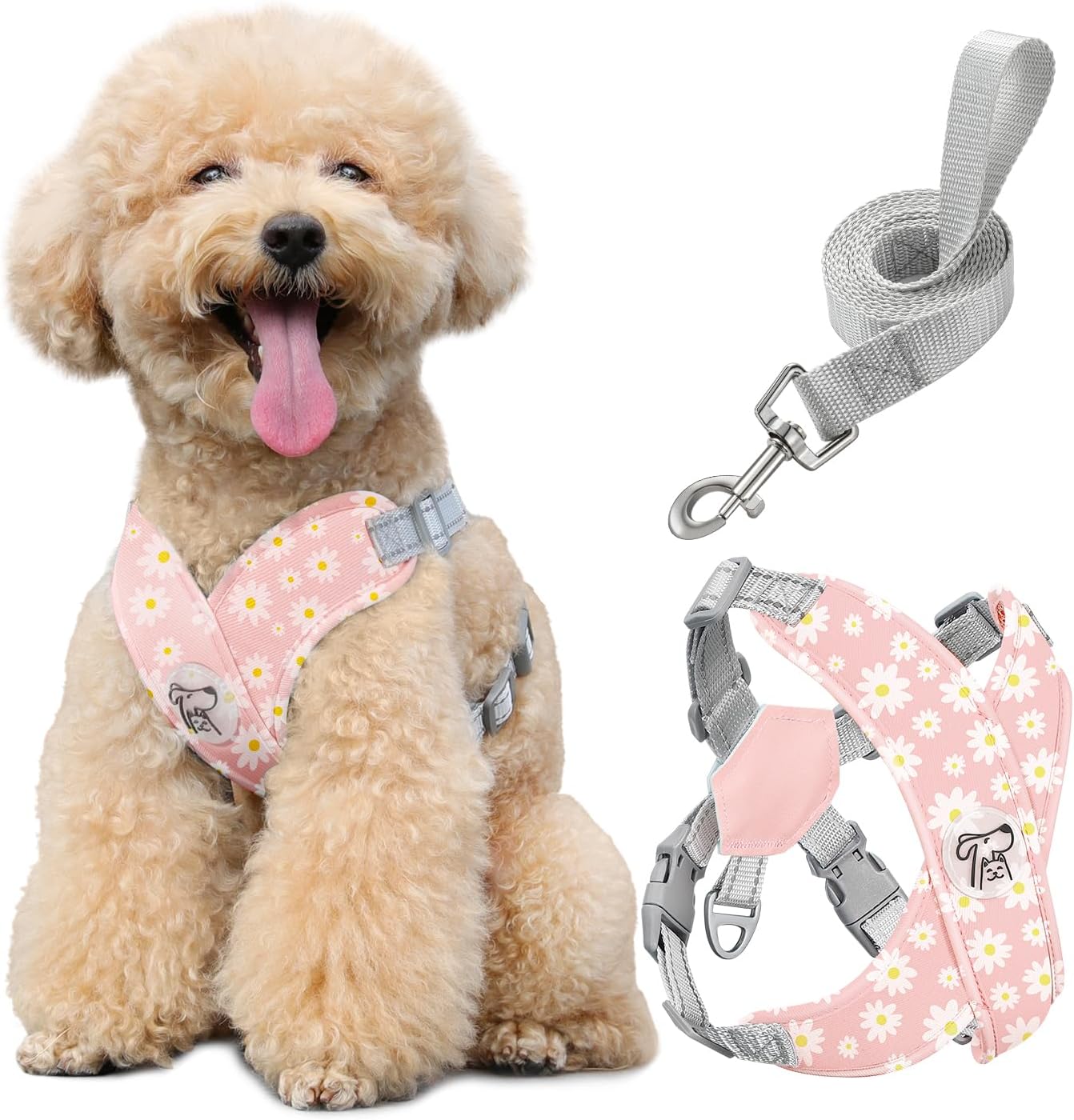Pawaboo Small Dog Harness and Leash Set, Puppy Harness X-Frame No Pull No Choke, Dog Vest Harness Adjustable for Small Medium Sized Dogs,Soft Breathable Pet Harness for Walking Outing, M, Pink Daisy