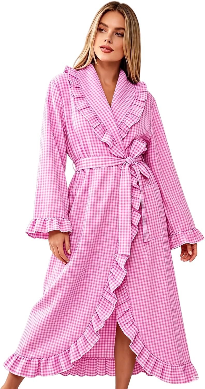 Womens Cotton Gingham Robe Long Sleeve Ruffle Trim Robe Plaid Bathrobe Lightweight Plaid Loungewear Sleepwear