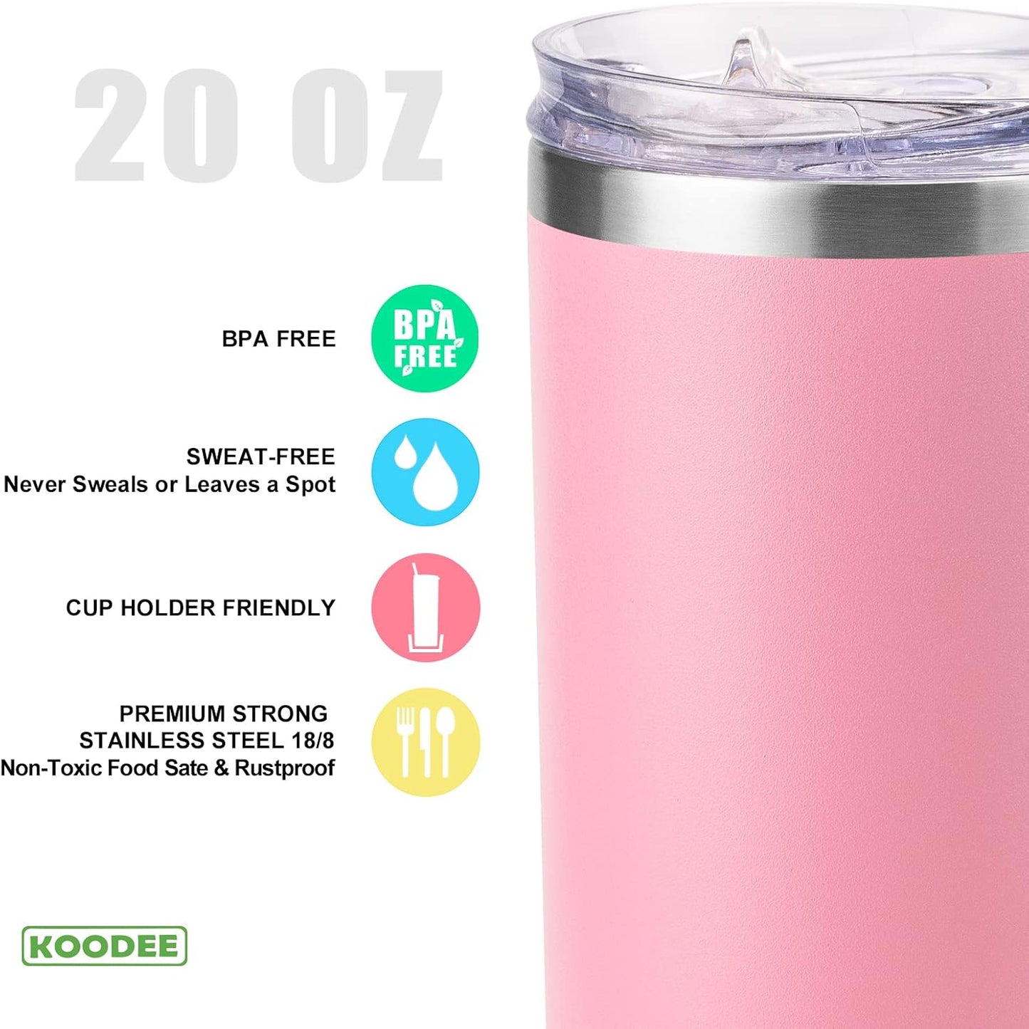 koodee 20 oz Stainless Steel Skinny Tumbler Double Wall Insulated Slim Water Tumbler Cup with Lids and Straw (Pink)