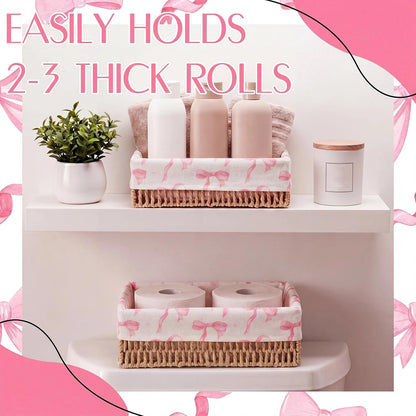 SiliFine Pink Bow Toilet Paper Storage Basket Set of 2 Chinoiserie Decorative Wicker Bathroom Organizer for Toilet Tank Trays Holder Bin for Shelves Fits with Any Bathroom Decorative