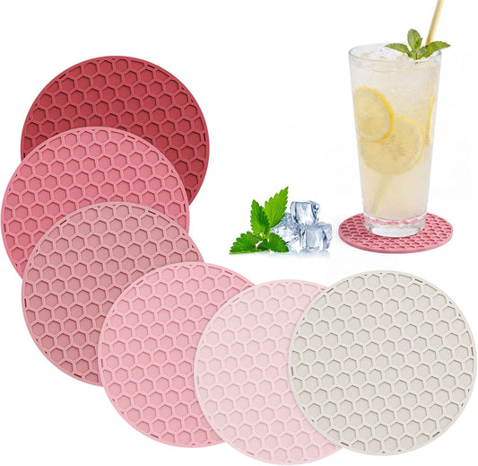 Colorful Silicone Coasters Set of 12 Multicolor Silicone Round Coasters Tabletop Protection Heat Resistant Hot or Cold Anti-Slip, Non-Stick, Anti-Overflow Tabletop Protection and Decoration(Pink)