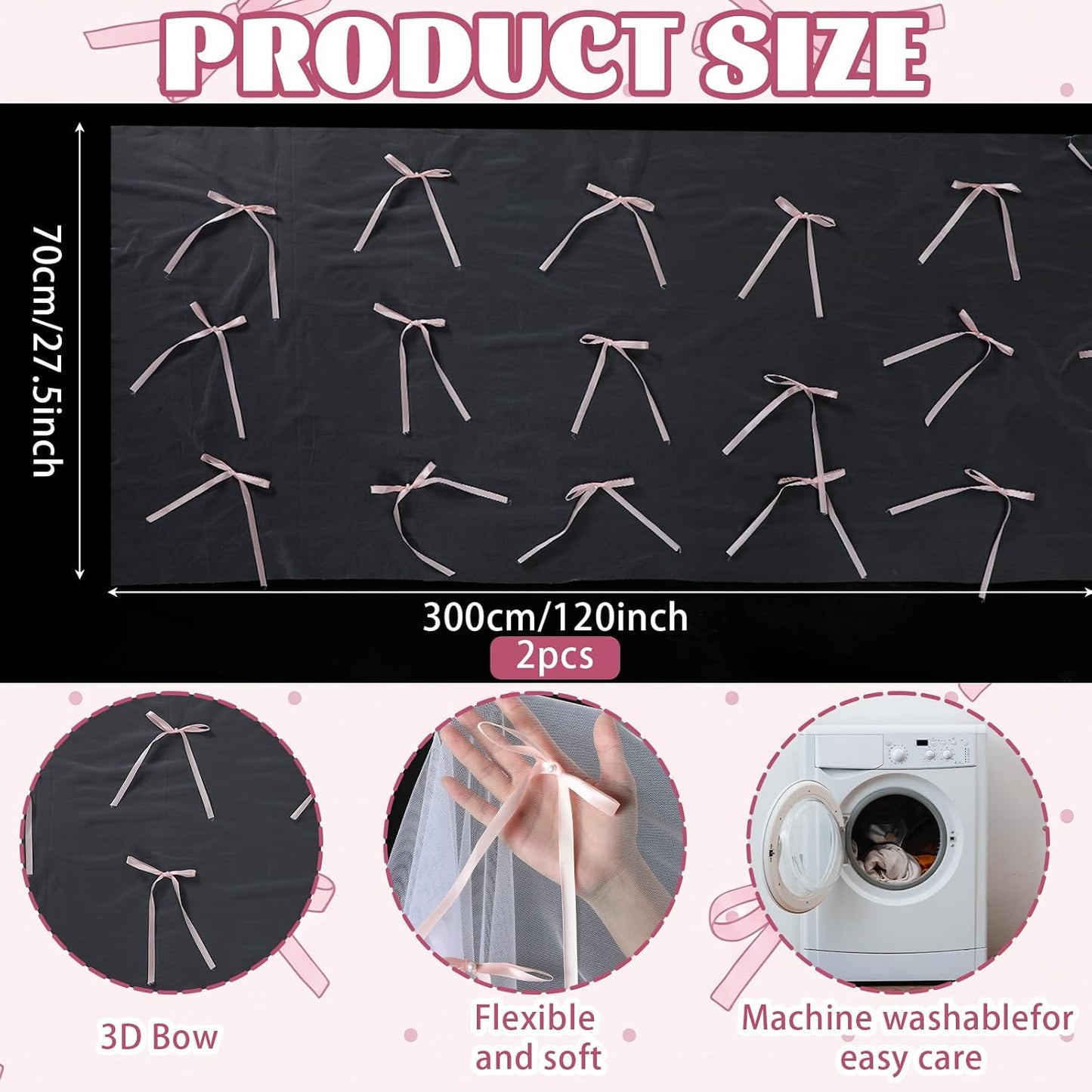 Moukeren Pink Bow Tulle Table Runner 3D Bow Tablecloth 10 ft Sheer Table Runner 120 Inch Coquette Tablecloth for Wedding Birthday Baby Shower Home Dining Decor (1 Pc)