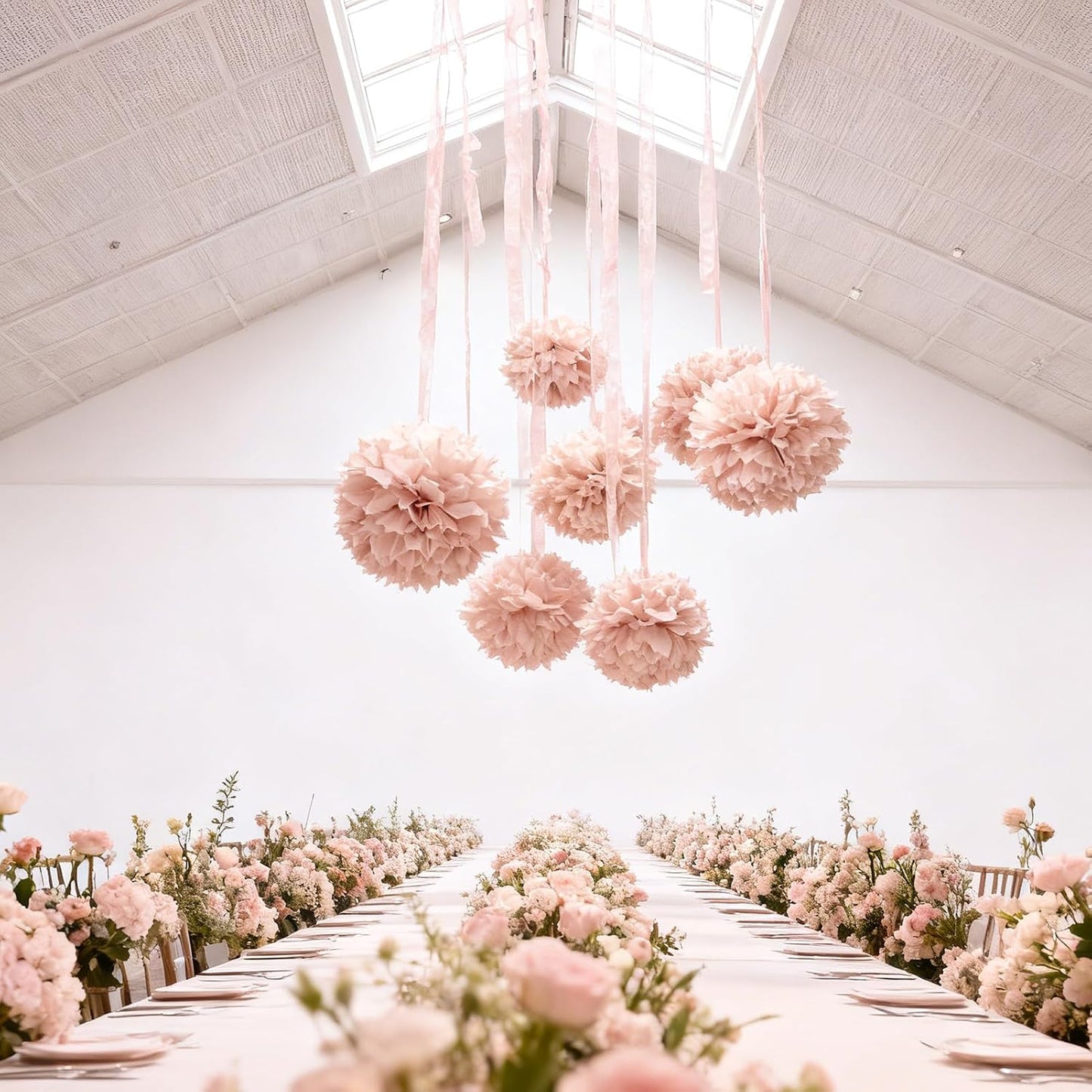 OBBOLO Nude Pink Tissue Paper Pompoms Decorations 9 Pack, 10 12 14 Inch Large Hanging Paper Pompoms with Satin Ribbon for Pink Party Decor, Ceiling Arch Party Decor for Wedding Baby Shower Birthday