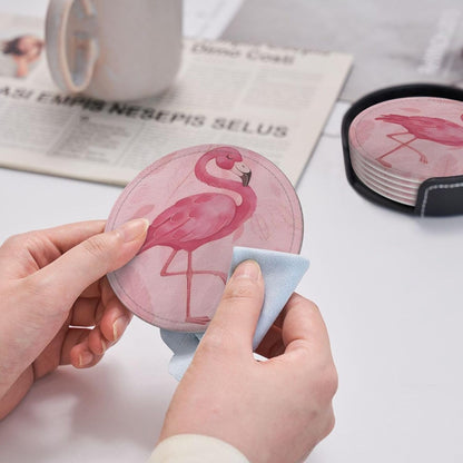 6 Pcs Pink Cute Flamingo Modern Art Boho Leather Coasters for Drinks with Holder Coaster Sets Drink Table Cup Coasters for Living Room Kitchen Coffee Decor