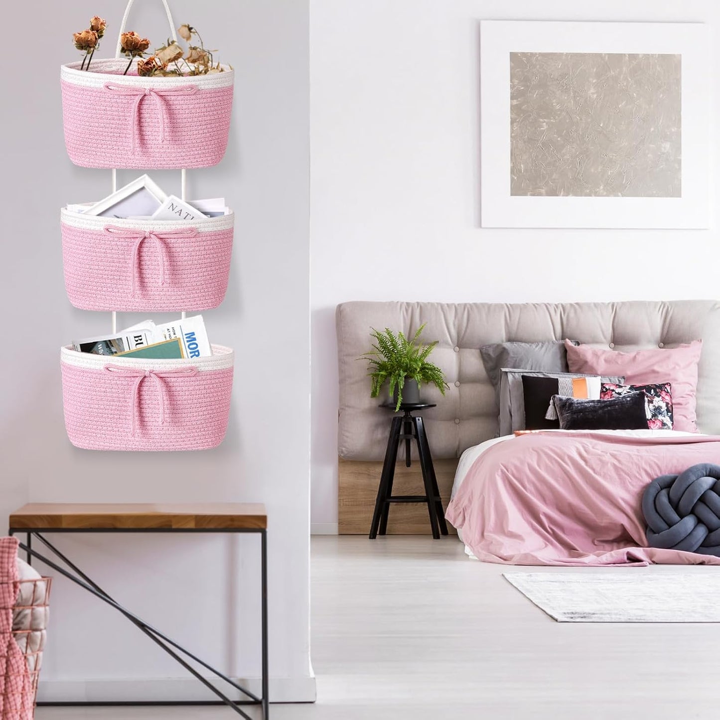 Zopeal 3 Tier Wall Mounted Woven Cotton Rope Hanging Basket Over the Door Hanging Basket with Hooks Decorative Food Snack Storage Organizer Newborn for Living Room(Pink,Bow)