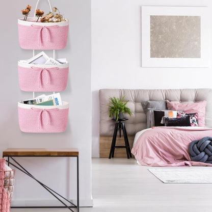 Zopeal 3 Tier Wall Mounted Woven Cotton Rope Hanging Basket Over the Door Hanging Basket with Hooks Decorative Food Snack Storage Organizer Newborn for Living Room(Pink,Bow)