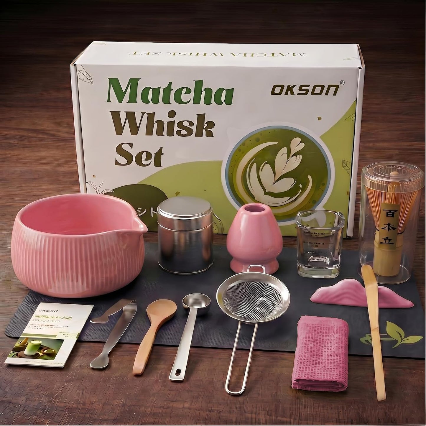 Matcha Whisk Set, 15-Pcs Ceramic Matcha Kit, Includes Matcha Bowl, Bamboo Whisk & Holder, Glass Measuring Cup, Matcha Caddy, Sifter, Scoop, Tea Towel, Tea Mat - Matcha Making Sets (pink)
