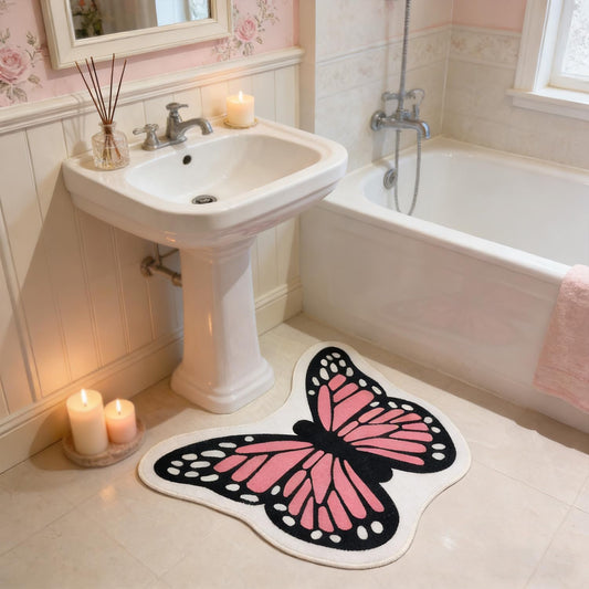 Butterfly Shaped Bath Rug 27" x 23" Non-Slip Cute Thin Fluffy Entrance Door Mat, Small Area Accent Indoor Rug for Bathroom Bedroom Garden House, Absorbent Washable Quick Dry, Pink