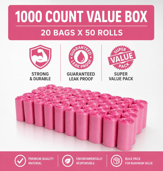1000 Pet Waste Disposal Poop Bags, EZ Pick Up Bag, Pink Color 9"x12" Size Large, Puppy Training