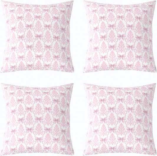 Girly Bowknot Pillow Cover,Pink Lace Damask Bow Tie Print Double Sides Print Pillowcase Soft Square Cushion Case,Antique Victorian Baroque Boho Throw Pillow Cover 16"x16",4 Pack