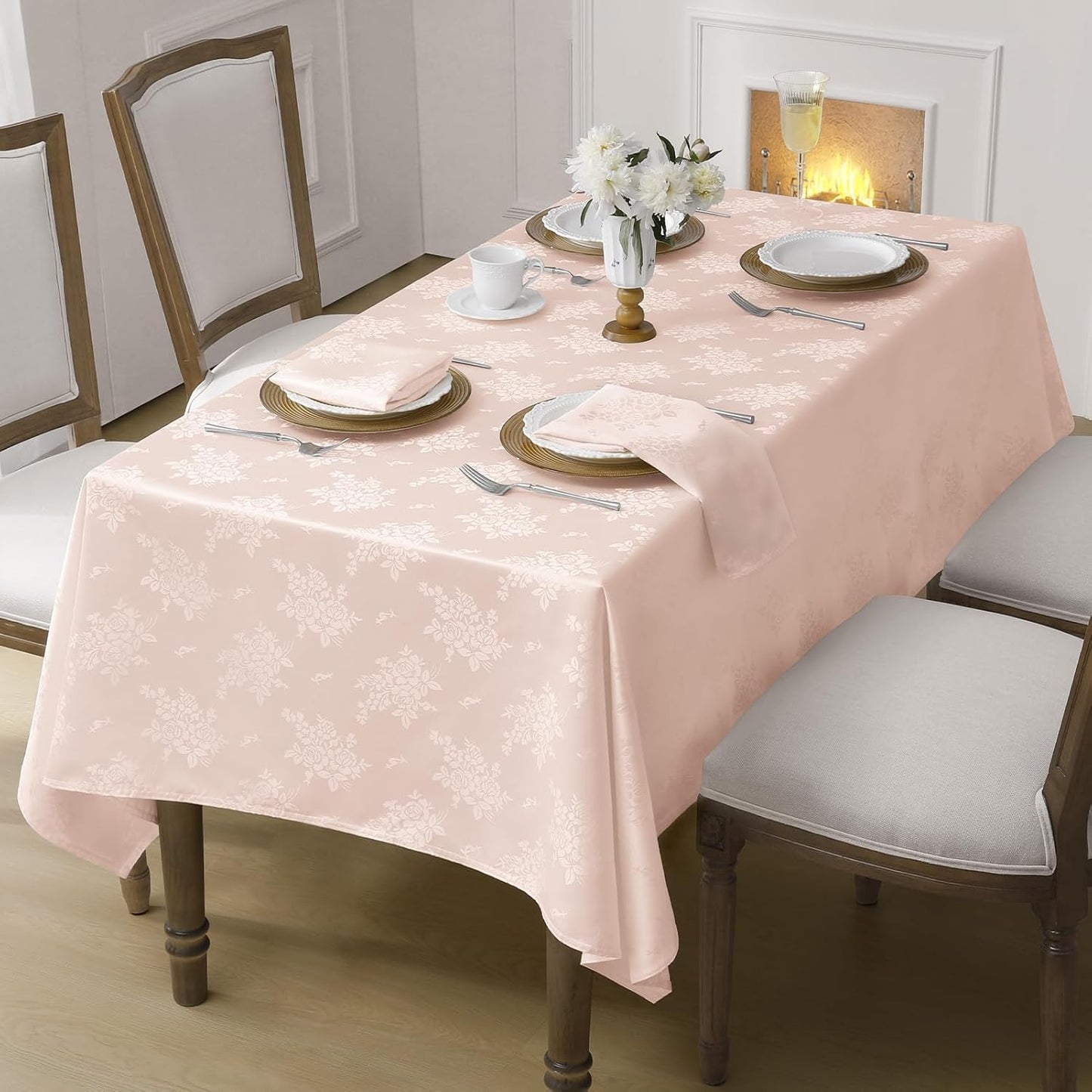 Romanstile Jacquard Rectangle Tablecloth, Waterproof Elegant Damask Rose Floral Pattern Table Cloth, Washable Decorative Polyester Table Cover for Kitchen/Dining/Parties - Pink, 52 x 70 Inch