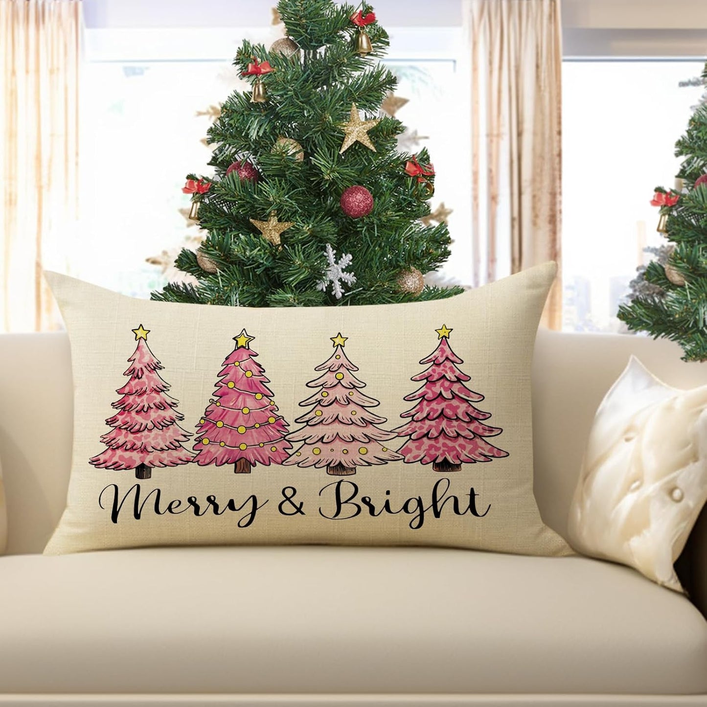 Pink Christmas Tree Decorative Throw Pillow Cover 12 x 20, Rectangular Xmas Pine Trees Outdoor Home Decor, Merry and Bright Winter Holiday Sofa Couch Cushion Case