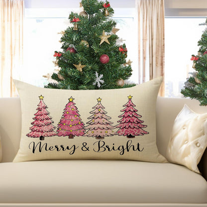 Pink Christmas Tree Decorative Throw Pillow Cover 12 x 20, Rectangular Xmas Pine Trees Outdoor Home Decor, Merry and Bright Winter Holiday Sofa Couch Cushion Case