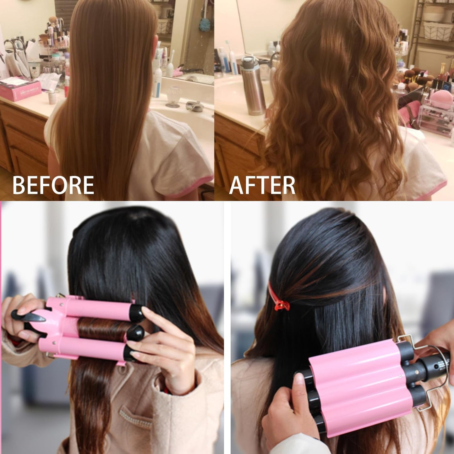 Dopheuor 2024 Newest 3 Barrel Curling Iron Jumbo 1.25 inch (32mm) Hair Curling Wand Crimper Instant Heating Adjustable Hair Curler with 2 Temperature Control, Pink