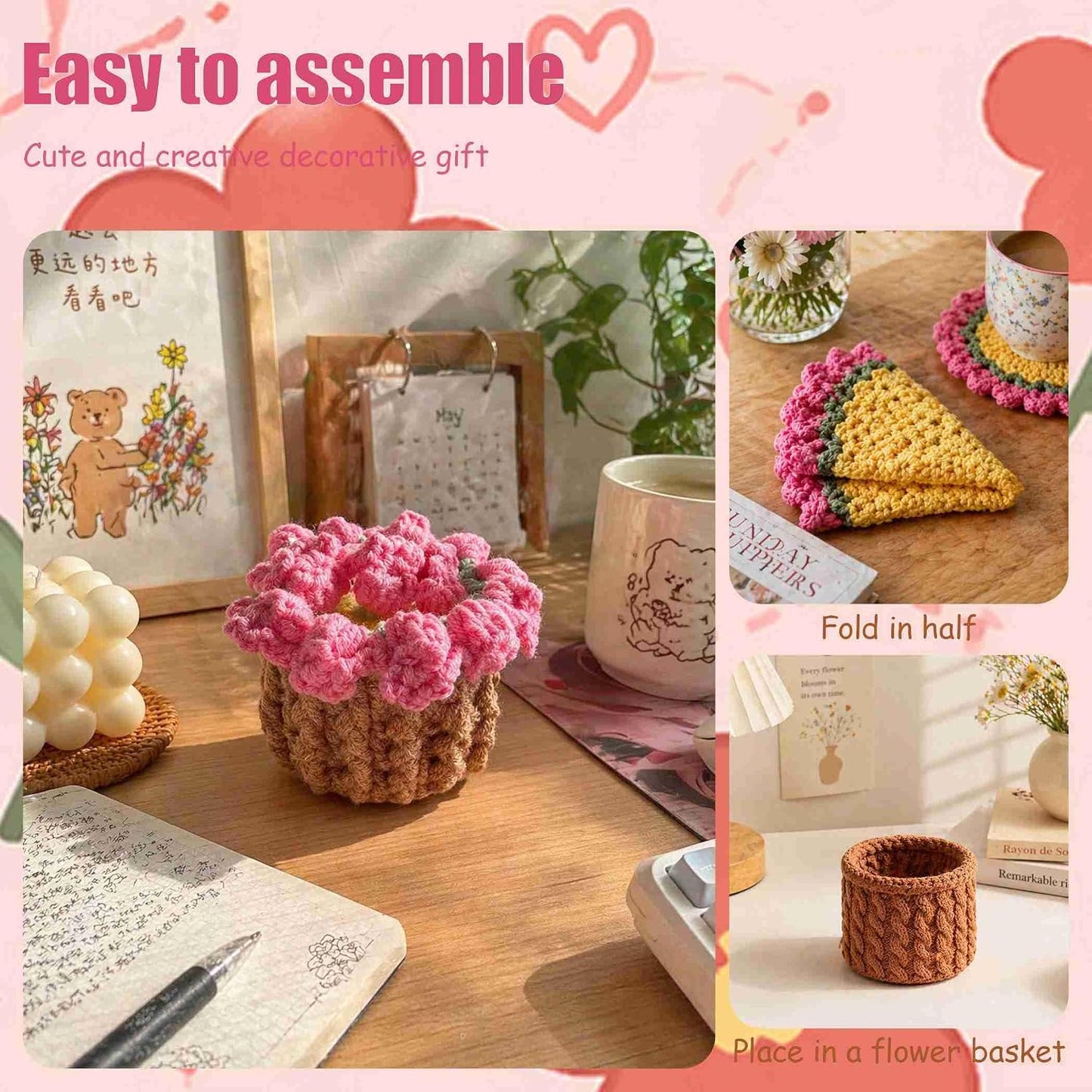 Crochet Flower Coaster, Cute Coasters for Desk, Pink Coasters for Office Desk, Spring Cup Coasters for Coffee Table, Crochet Flower Plants, Girly Desk Accessories Home Decor for Women
