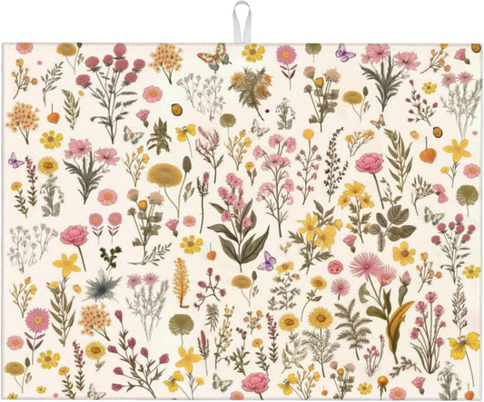 Floral Dish Drying Mat for Kitchen Counter, 18"x24" Absorbent Coffee Bar Mat with Vintage Flower Herbs, Dish Drainer Rack Mat for Kitchen Counter