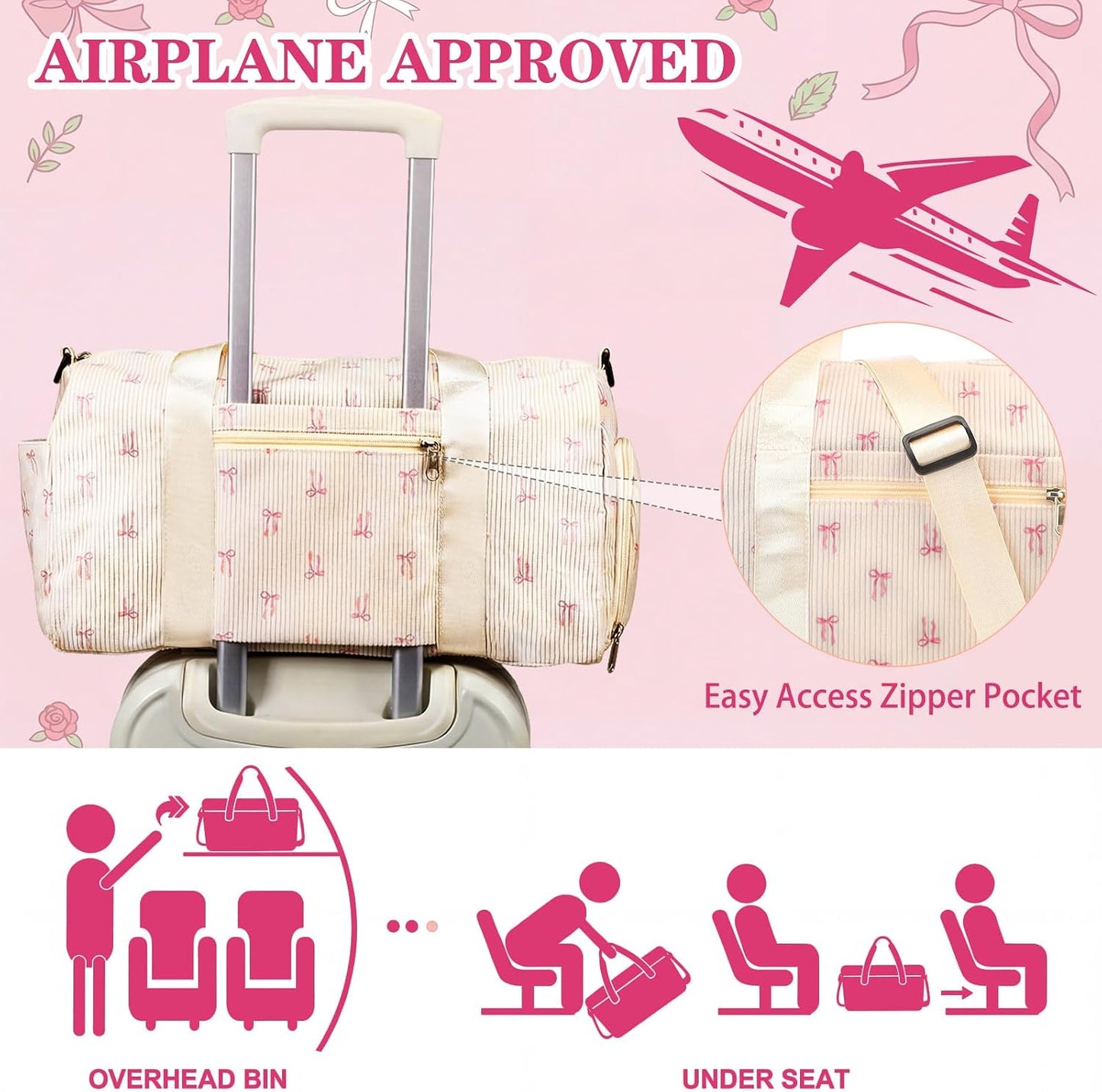 Dansydaisy Cute Corduroy Gym Bag for Women Bow Duffle Dance Bag Shoe Compartment Wet Separation Travel Organizer for Overnight Weekender Sports Gym Barbell Dance Ideal Gifts(Pink Bow)